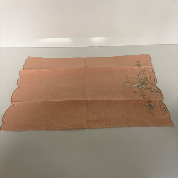 Embroidered Linen Tea Towels Peach Cream Scalloped Edges Butterfly Vintage Set 2 - Picture 6 of 7